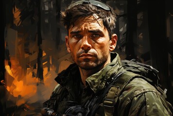 In the midst of a chaotic and violent action-adventure game, a man in a military uniform stands stoically, his human face determined as he brandishes his weapon with precision and purpose - obrazy, fototapety, plakaty