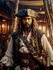 The Gallant Pirate Captain Black Beard Commands His Magnificent Ship Across the Turbulent Seas