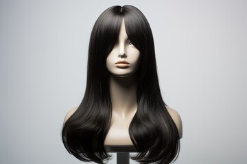 Black hair wig on mannequin. - obrazy, fototapety, plakaty