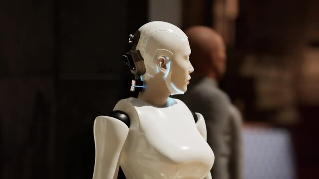 female robot staying on a street in a big city and looking around. humanoid AI robot among people. 3d animation. future concept