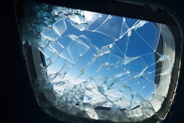 Broken glass of window, view from the airplane.