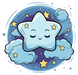 A cute shell surrounded by stars. Children's drawing. Illustration for cards, children's products, invitations, clothes, books, stickers, magnets, dishes, puzzles, cups, t-shirts.