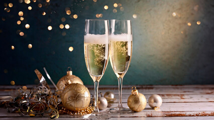 Brinde com taça de champagne e decoração dourada para celebração de ano novo e fogos de artificio ao fundo. - obrazy, fototapety, plakaty
