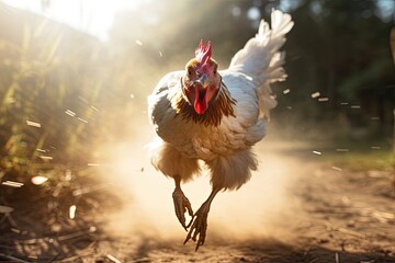 Chicken running on a summer day, motion blur.