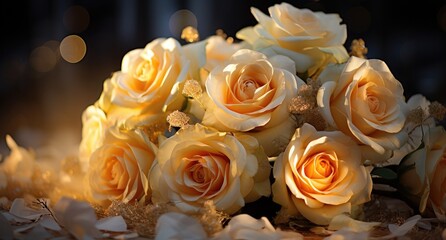 an arrangement of white roses with bokeh