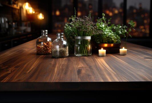 an image of a kitchen table with dark wood top