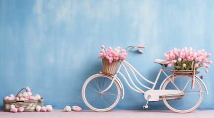 blue background, bikes, basket, baskets, flowers, and tulips