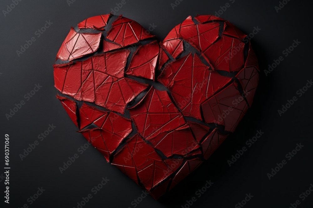 Poster broken heart with cracks. background with selective focus and copy space