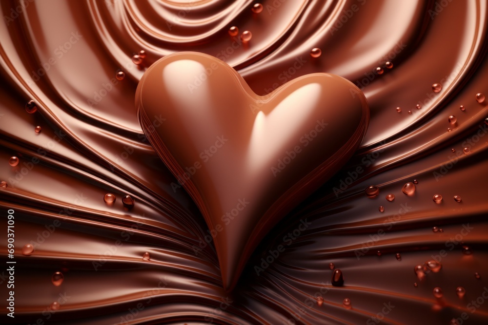 Poster melted chocolate in the shape of a heart. background with selective focus and copy space