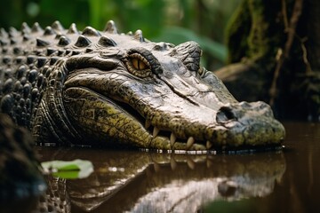 Obraz premium Crocodile in nature with reflection in water.