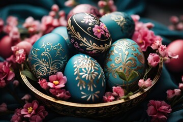 Fototapeta premium colorful easter eggs are in a basket surrounded by pink flowers