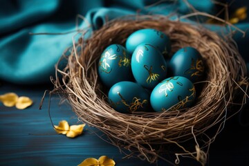 Obraz premium colorful eggs in a nest on a blue background