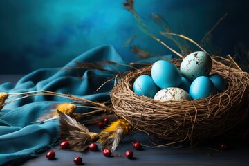 colorful eggs in a nest on a blue background