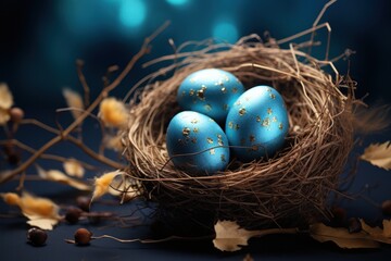 Obraz premium colorful eggs in a nest on a blue background