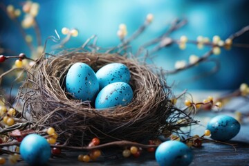 Fototapeta na wymiar colorful eggs in a nest on a blue background
