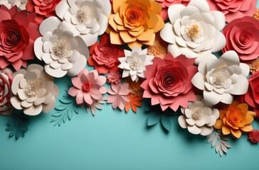 colorful paper flowers with blank white paper on a yellow background