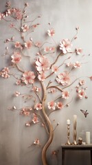 Immerse in nature's beauty with a 3D wallpaper featuring a blossoming tree, delicate peach-colored leaves, and a glistening copper stem.