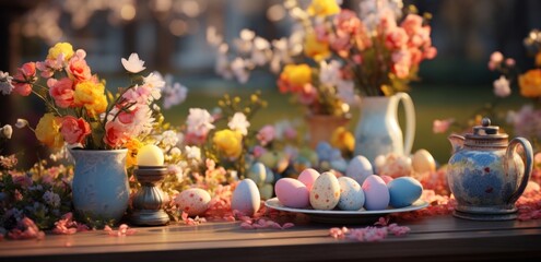easter decorating table with eggs and flowers