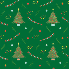Christmas seamless colorful pattern with cute tree and decorations, with changeable background color. Vector flat illustration