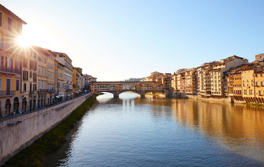Panorama of Florence city with river and Ponte Vecchio (Old Bridge), Italy