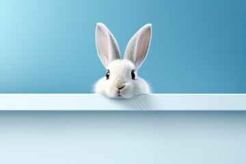 Fototapeta na wymiar easter rabbit peeking out of a blue shelf