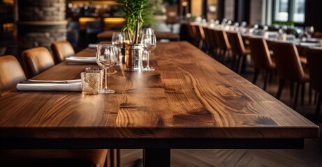 empty wooden tables at a restaurant