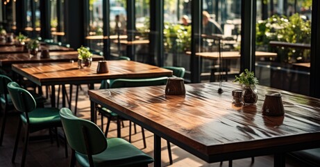 Fototapeta na wymiar empty wooden tables in an open cafe