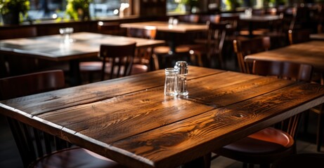 empty wooden tables at a restaurant