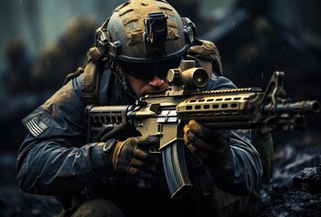 Fototapeta na wymiar Soldier in a camouflage uniform fires a rifle