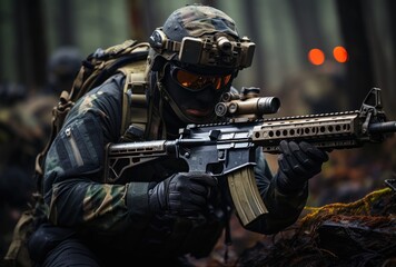Fototapeta na wymiar Soldier in a camouflage uniform fires a rifle