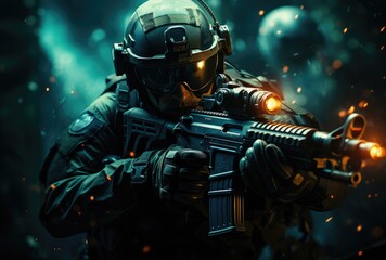 Fototapeta premium Soldier in a camouflage uniform fires a rifle