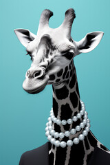 Fototapeta premium A giraffe, wearing pearl earrings and a black dress, in the style of graphic design poster art created with Generative Ai