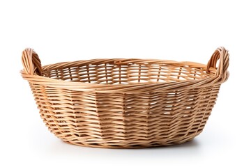 Fototapeta premium Empty wicker basket with handles, isolated on white background.
