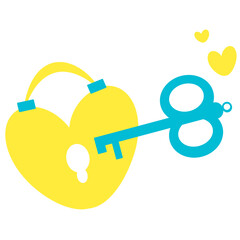 Yellow heart-shaped lock with a blue key. The key opens the lock. Yellow heart
