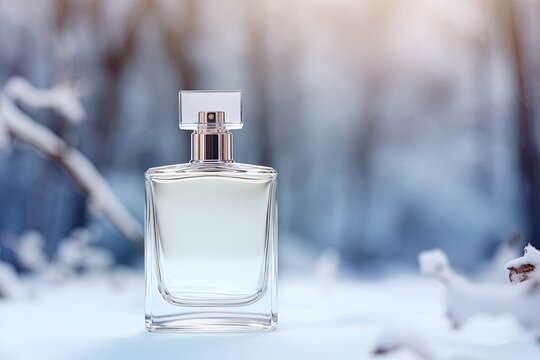 Empty perfume bottle mockup against snow and winter background.
