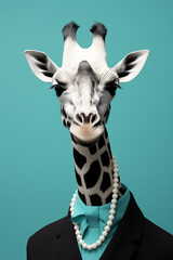 Obraz premium A giraffe, wearing pearl earrings and a black dress, in the style of graphic design poster art created with Generative Ai