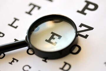 Magnifier glass focuses eye chart letters clearly and lies on eye test chart paper close up - obrazy, fototapety, plakaty