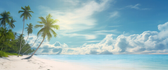 Fototapeta na wymiar female in walking on tropical beach, with palm trees