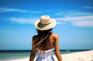 Fototapeta na wymiar female model in hot on beach with white hat beach wear