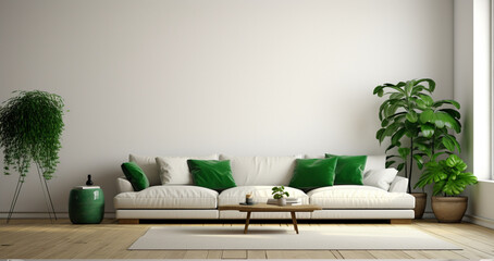 minimalism large living room of a country house with plants and a green sofa 