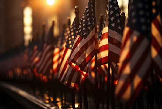 American flags in a cemetery at sunset