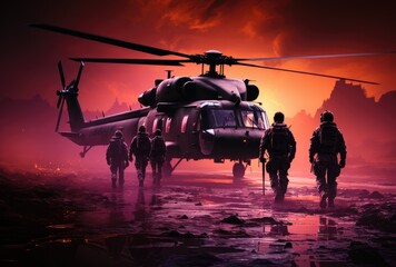 A team of soldiers treks alongside a military helicopter, its rotor spinning above, as they prepare to take to the skies in their trusty transport - obrazy, fototapety, plakaty