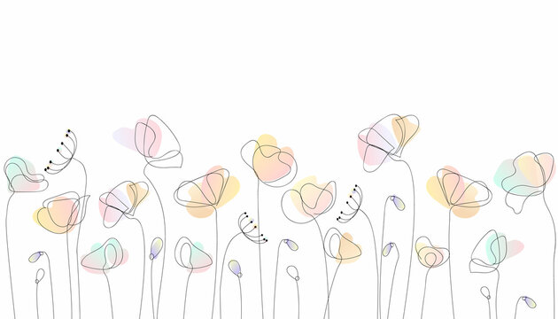 Wild flowers - watercolor illustration. A colorful drawing of flowers, in the style of minimalistic lines, transparency and lightness, flowing silhouettes, cute cartoonish designs 