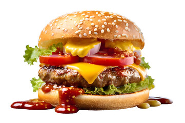 Sumptuous hamburger delight. Tempting variety of toppings, ketchup and mustard, on transparent or white background, png.