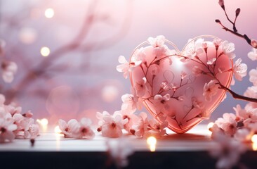 light pink heart with pink blossoms and lights around it on background