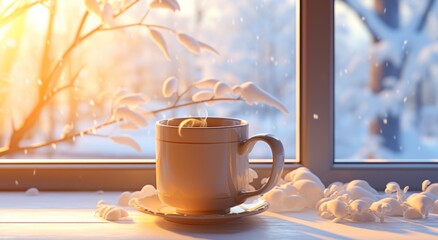 mug of hot tea in beautiful winter trees outside of window