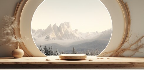 natural interior design with white background of mountains and mountain