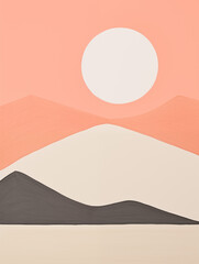 Stylized abstract landscape with soft geometric shapes in warm and neutral tones, depicting mountains and a sun in a minimalist setting. High quality illustration.