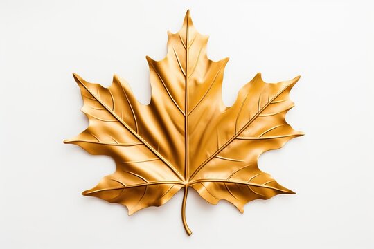 Golden maple leaf isolated on white metal background.