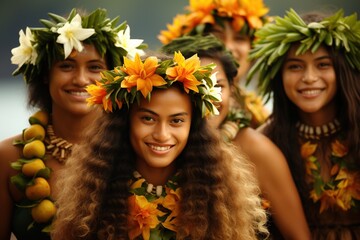 Group of Samoa women with Hawaiian flowers in their hair.